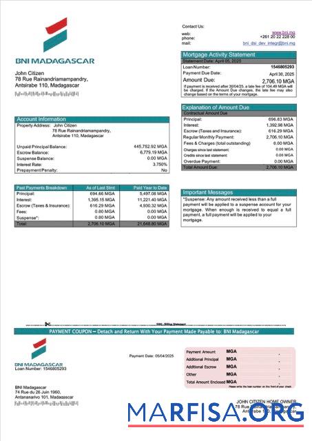 Downloadable Madagascar BNI Madagascar mortgage statement Word and PDF template